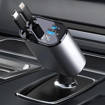 TrendTekk Retractable Car Charger 120W, 4 In 1 Fast Car Phone Charger, Retractable Cables, 2 USB Ports, Compatible With iPhone